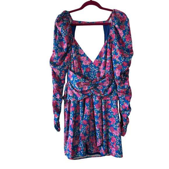 For Love & Lemons Annie Cobalt Blue & Pink Floral Print Mini Dress Women’s Large - Picture 3 of 10
